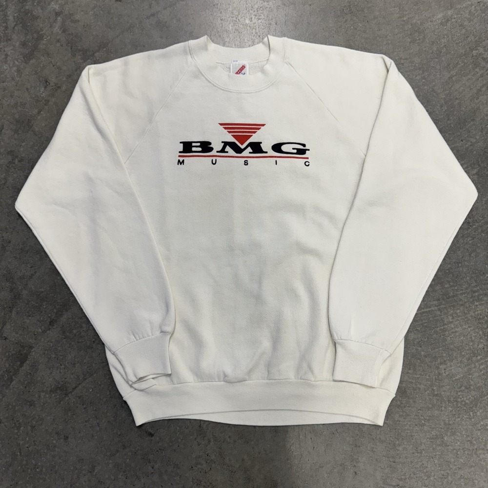 Vintage BMG Music Crewneck White 90's Casette Club Hip Hop Pullover Tag L Fits M